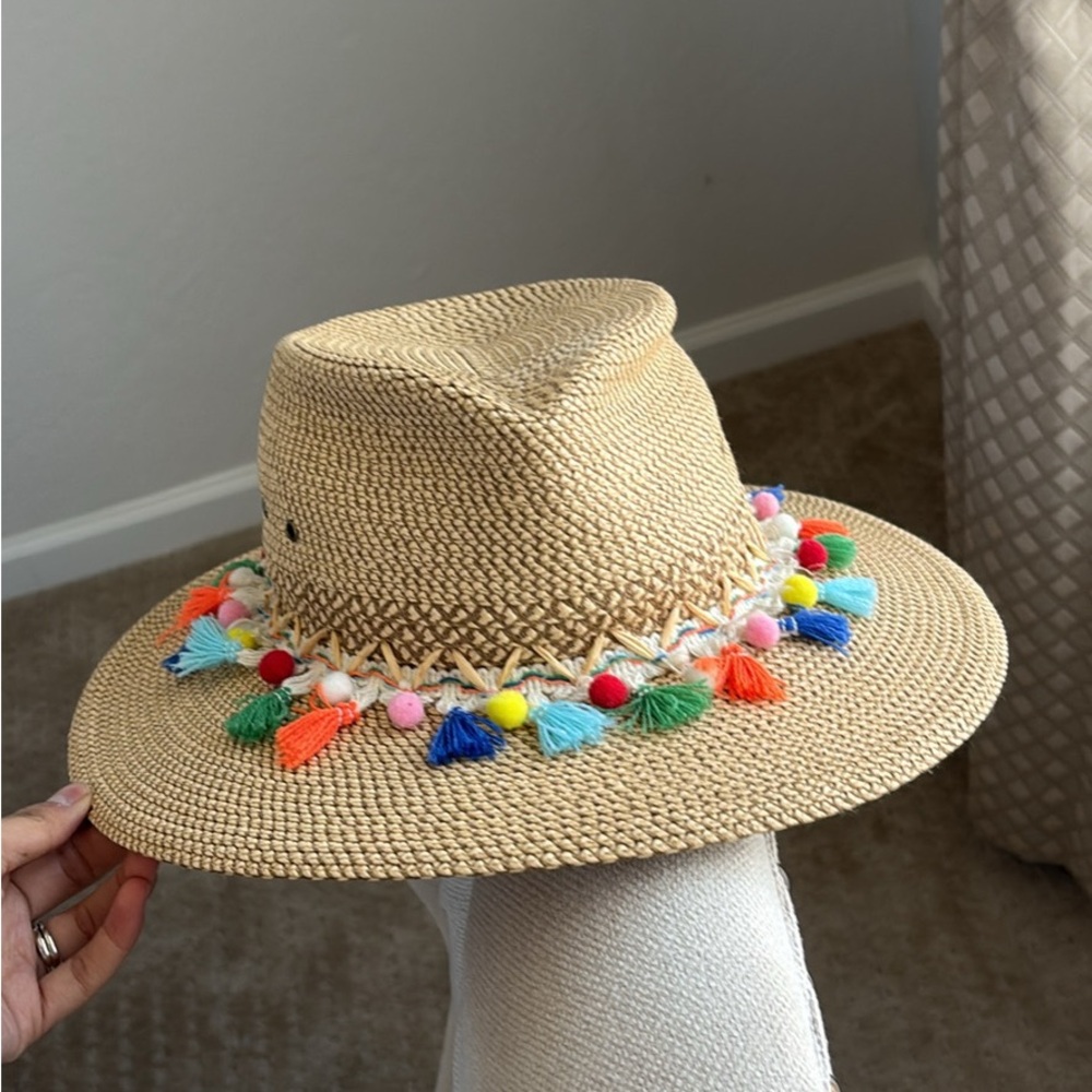 Eric Javits Tan Straw Hat with colorful lining